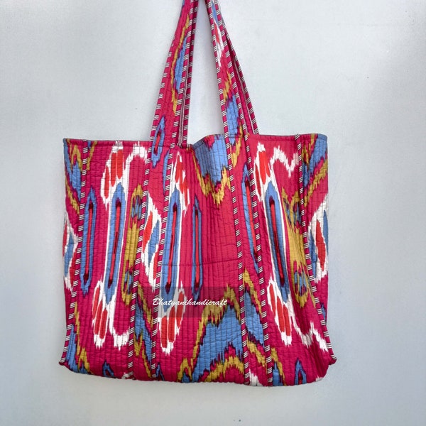 Cotton Quilted Jhola Bag, Tote Bags, Handmade Quilted Ikat Print Market Bag, Tote Shopping Bag, Hippie Bag, Market Bag