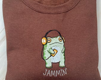 Jammin' Frog Embroidered Brown Crewneck, T-Shirt, or Hoodie