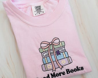 Read More Books Embroidered T-shirt  – Cottagecore Book Embroidery Sweatshirt, Cozy Bookish Gift