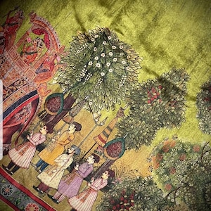 Vintage moss green semi Tussar silk sari with rare motifs of a Royal Princely Procession! Stitched blouse included. Exclusive designer sari