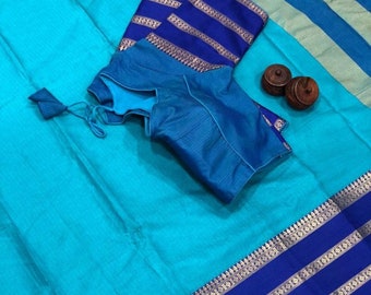 Rajasthani kota doriya saree in a lovely copper sulfate blue and dark blue combination with rettapet borders and boutique stitched blouse.