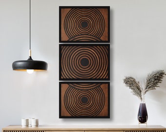 Set of 3 Large Tall Long Narrow Textured Framed Geometric Wooden Wall Art Wood Panels