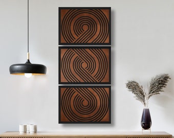 Set of 3 Large Tall Long Narrow Textured Framed Geometric Wooden Wall Art Wood Panels