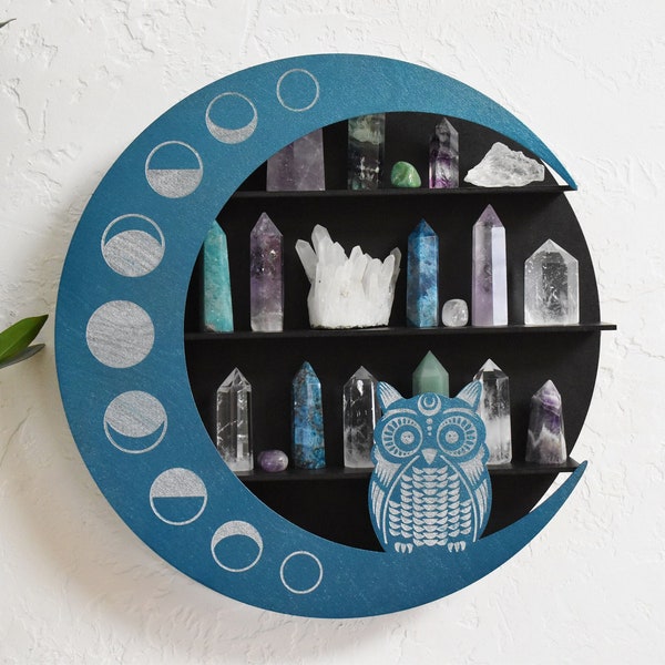 Teal Color Owl on Moon Phase Crystal Shelf