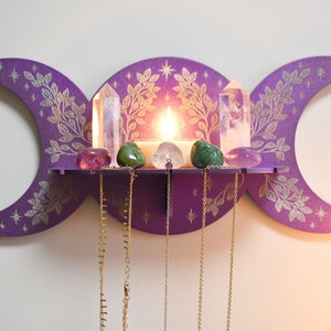 Violet Triple Moon Phase Floral Crystal Display Altar Shelf with Pendulum and Necklace stand