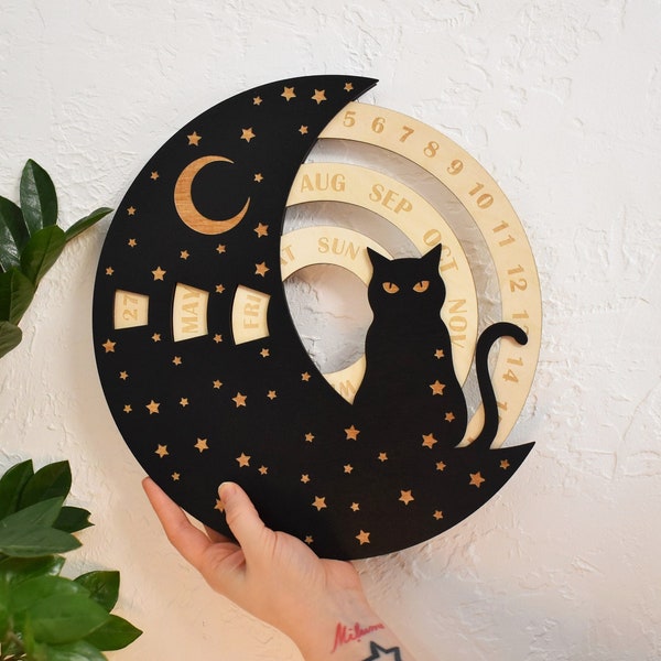 Perpetual Calendar Black Cat on Moon