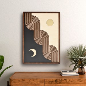 Large Textured Framed Day and Night 3D Geometric Wooden Wall Art Wood Panel