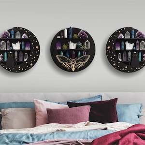 Triple Moon Phase Cat and Moth Crystal Shelfs