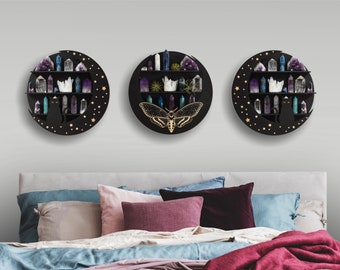 Triple Moon Phase Cat and Moth Crystal Shelfs