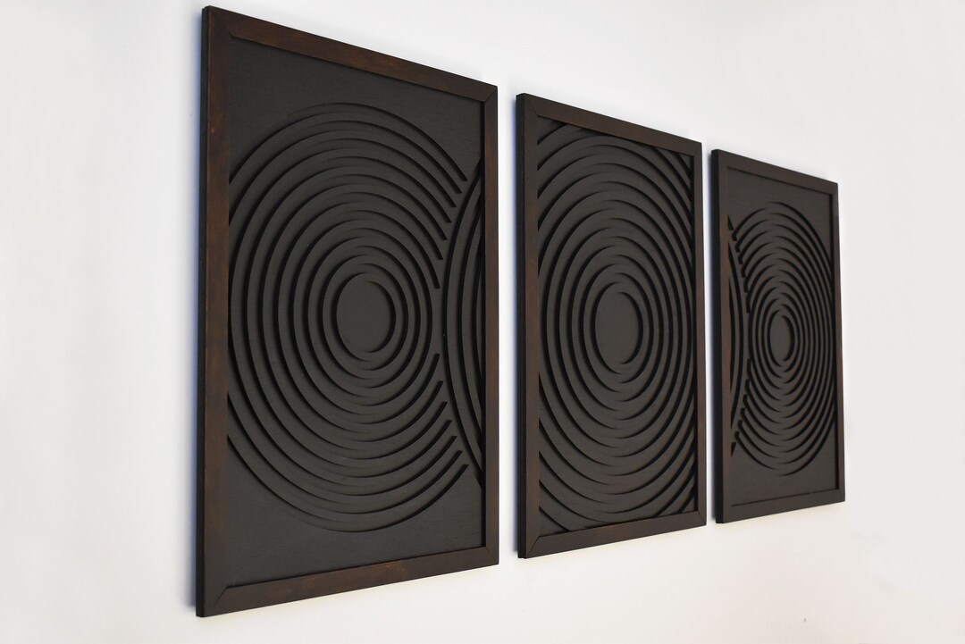 Set of 3 Large Textured Framed Geometric Black Wooden Wall Art Wood ...