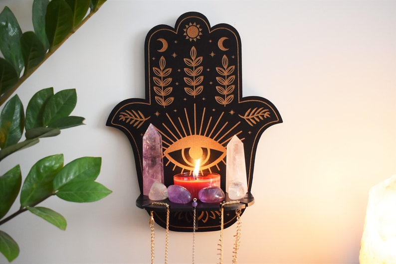 Hamsa Hand Floral Sun and Moon Altar shelf with Pendulum and image 1