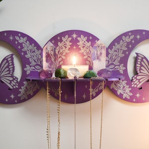 Violet Triple Moon Phase Faerie Floral Crystal Display Altar Shelf with Pendulum and Necklace stand