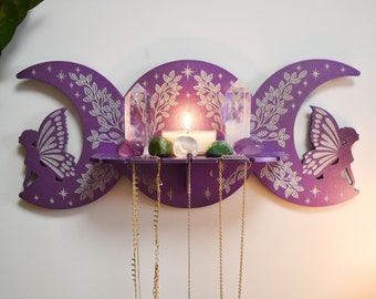 Violet Triple Moon Phase Faerie Floral Crystal Display Altar Shelf with Pendulum and Necklace stand