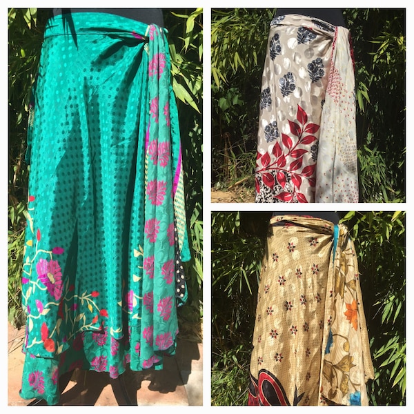 LOT de 30 Jupes en soie, sari vintage,wrap skirt, jupe porte feuille, hippie chic reversible, jupe porte feuille, goddess.