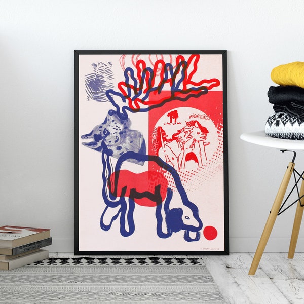 Riso print: Red and Blue Dogs