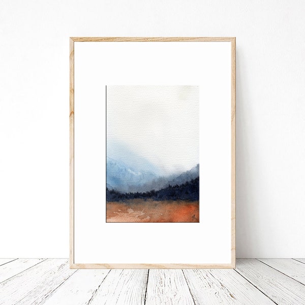 Smoky autumn landscape original watercolor painting. Minimalism landscape wall art, miniature art