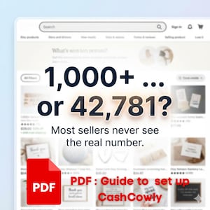 Op de afbeelding: Schermafbeelding van een Etsy-pagina met de tekst "1.000+ of 42.781?" en "De meeste verkopers zien nooit het echte aantal." Een rood PDF-pictogram is zichtbaar met de tekst "PDF: Gids voor het opzetten van CashCowly."
