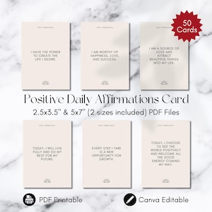 Imprimable 50 affirmations positives et cartes d'inspirations quotidiennes | Téléchargement numérique | Modèle de toile | Cartes de soins personnels et de pleine conscience modifiables