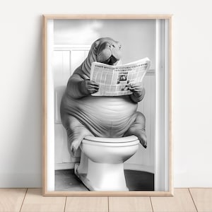 Walrus on Toilet Reading Newspaper, Poster Canvas, Funny Bathroom Wall Art, Kids Laundry Room Decor, Animal Toilet Humor, Cute Walrus Print