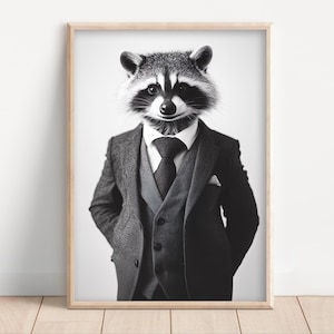 May include: A black and white photograph of a raccoon wearing a suit and tie. The raccoon is looking directly at the camera with a serious expression.