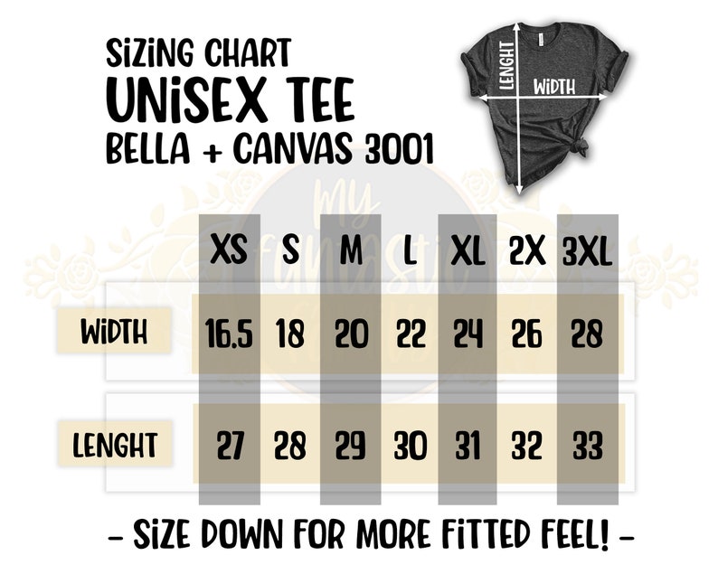 May include: Unisex tee sizing chart for Bella + Canvas 3001 shirts. The chart shows measurements in inches for width and length for sizes XS to 3XL.