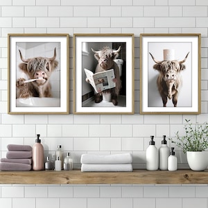 May include: Set of three framed prints featuring Highland cows in humorous bathroom scenes. One cow brushes its teeth, another reads a newspaper on the toilet, and the third balances a toilet paper roll on its head. The prints have a rustic, farmhouse aesthetic.