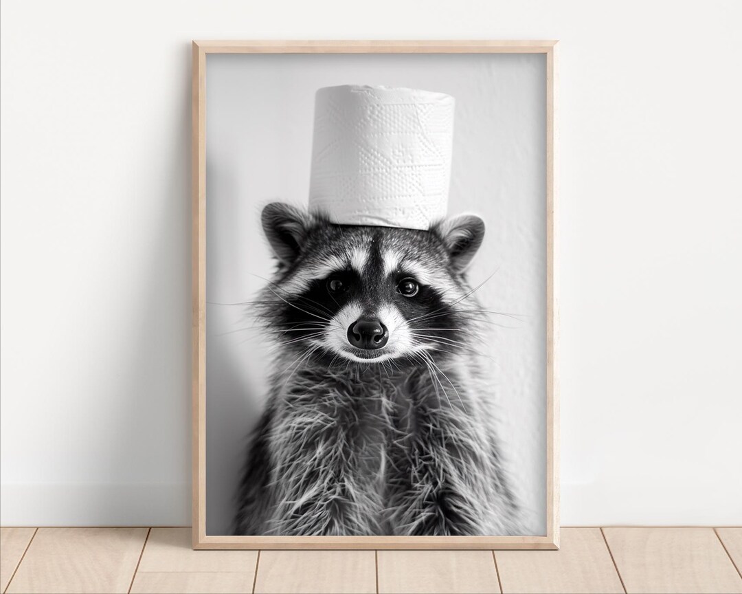 Funny Raccoon Toilet Paper Hat Print: Bathroom Humor Wall Art, Poster ...