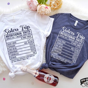 Voedingsfeiten voor zussenreis, shirts, grappige outfit voor zus, bijpassende zussen, meidenreis, voedingsinformatieblad, weekendvakantie zussen, zussenweekend