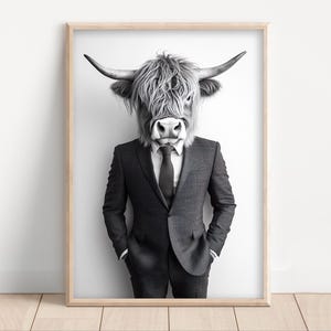 Highland Cow Wearing a Business Suit, Funny Office Wall Art Print, Funny Animal Home Decor, Success Art, Animal Humor, Cute Retro Cow Photo