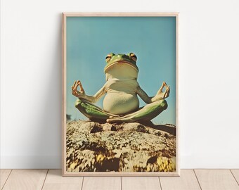 Yogagroda, poster eller canvas, rolig yogaväggkonst, meditation, söt barnrumsdekor, retro zengroda, udda djurhumortryck