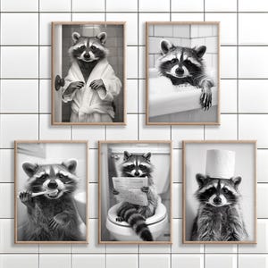 Raccoon Wall Art, Funny Bathroom Decor, Poster or Canvas, Raccoon on Toilet, in Bath, Wearing Bathrobe, Brushing Teeth, Animal Toilet Humor
