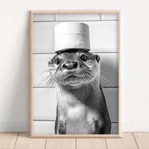 Lustiges Otter Badezimmer Poster, Badezimmer Wand Kunst Druck, Otter mit Toilettenpapier auf dem Kopf, Vintage Stil Tierfoto, Badezimmer Dekor Druck