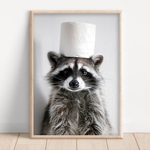Funny Raccoon with Toilet Paper Roll on Head, Poster or Canvas, Quirky Bathroom Decor, Hilarious Animal Wall Art, Cute Raccoon Photo Print