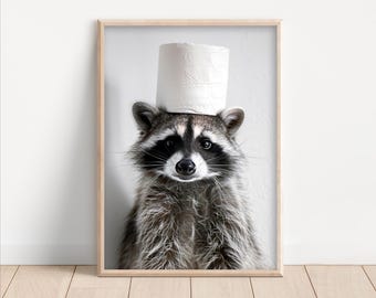 Funny Raccoon Toilet Paper Roll Print: Quirky Bathroom Wall Art