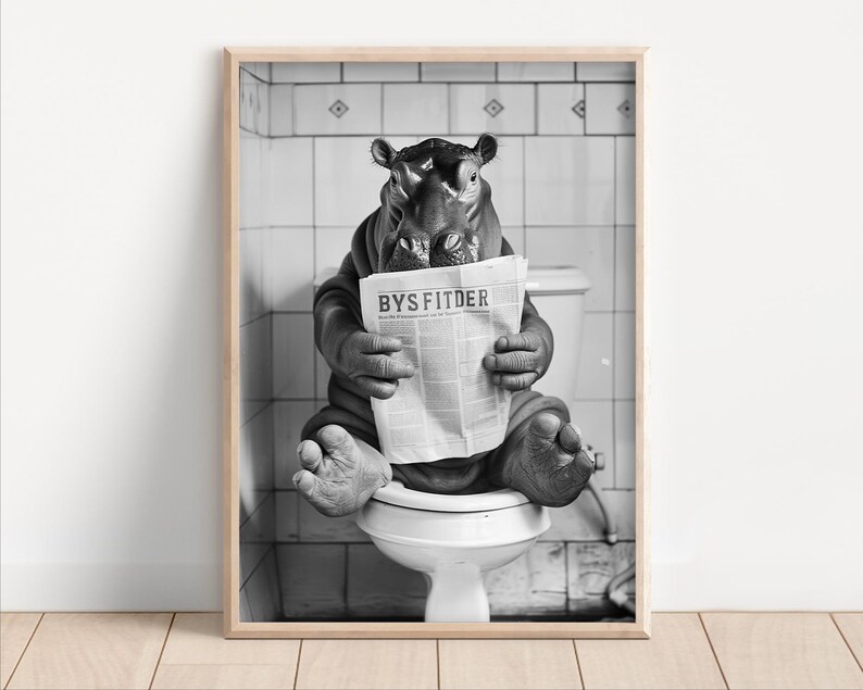 Funny Hippo Poster, Bathroom Wall Art, Hippo on Toilet Reading