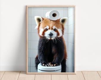 Red Panda With a Toilet Paper Roll on Head, Funny Bathroom Wall