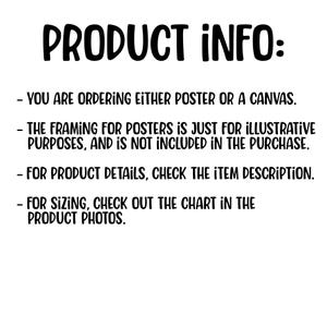 Może przedstawiać: Grafika informacyjna produktu oparta na tekście z nagł&oacute;wkiem "PRODUCT INFO:" i czterema punktami. Pierwszy punkt m&oacute;wi: "Zam&oacute;wiasz plakat lub pł&oacute;tno." Drugi punkt m&oacute;wi: "Ramka do plakat&oacute;w służy wyłącznie do cel&oacute;w ilustracyjnych i nie jest wliczona w cenę zakupu." Trzeci punkt m&oacute;wi: "Aby uzyskać szczeg&oacute;łowe informacje o produkcie, zapoznaj się z opisem artykułu." Czwarty punkt m&oacute;wi: "Aby sprawdzić rozmiar, zapoznaj się z tabelą na zdjęciach produktu."