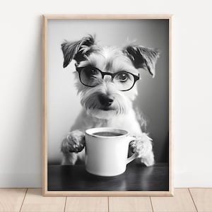 Terrier Dog Drinking Coffee & Wearing Glasses, Poster or Canvas, Funny Kitchen Wall Art, Dog Lover Humor, Cute Animal Decor, Coffee Lovers