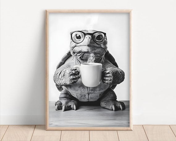 Turtle Drinking Coffee Art Print: Funny Kitchen Decor