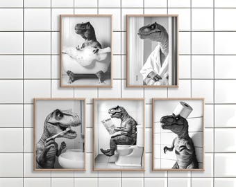 T-Rex Wall Art Set, Funny Bathroom Decor, Poster Canvas, Dinosaur on Toilet, in Bath, Wearing Bathrobe, Brushing Teeth, Animal Toilet Humor