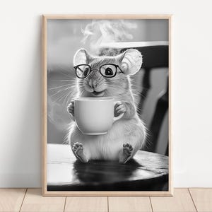 Mouse Drinking Coffee, Poster or Canvas, Funny Kitchen Wall Art, Coffee Shop Decor, Coffee Lover Art, Dining Room, Cute Kitchen Animal Print
