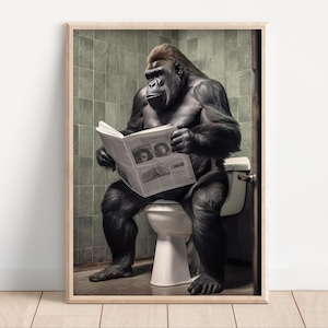 Gorilla Sitting on Toilet Reading Newspaper, Poster or Canvas, Funny Bathroom Wall Art Decor, Animal on Toilet, Pooping Humor, Funny Gorilla