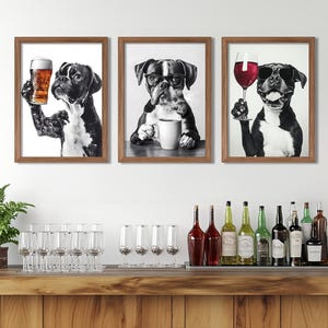 Boxer Dog Bar Art Prints: Funny Kitchen Animal Decor Set