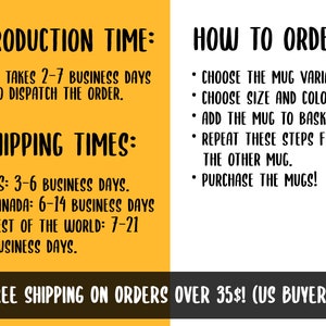 May include: An image with text on a yellow and black background. The text includes "PRODUCTION TIME", "SHIPPING TIMES", and "HOW TO ORDER". The text describes the production and shipping times, and how to order a mug.