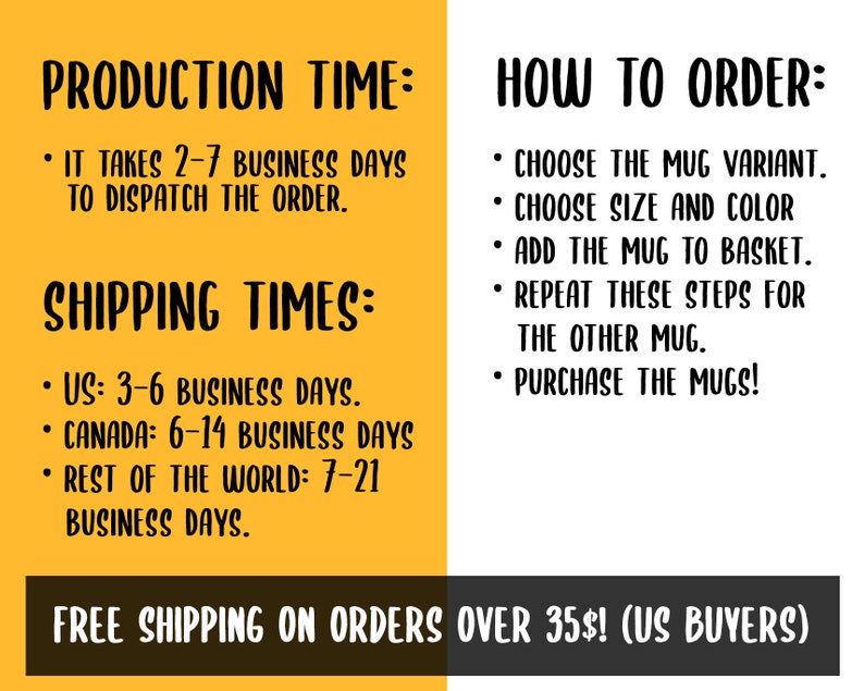 May include: An image with text on a yellow and black background. The text includes "PRODUCTION TIME", "SHIPPING TIMES", and "HOW TO ORDER". The text describes the production and shipping times, and how to order a mug.