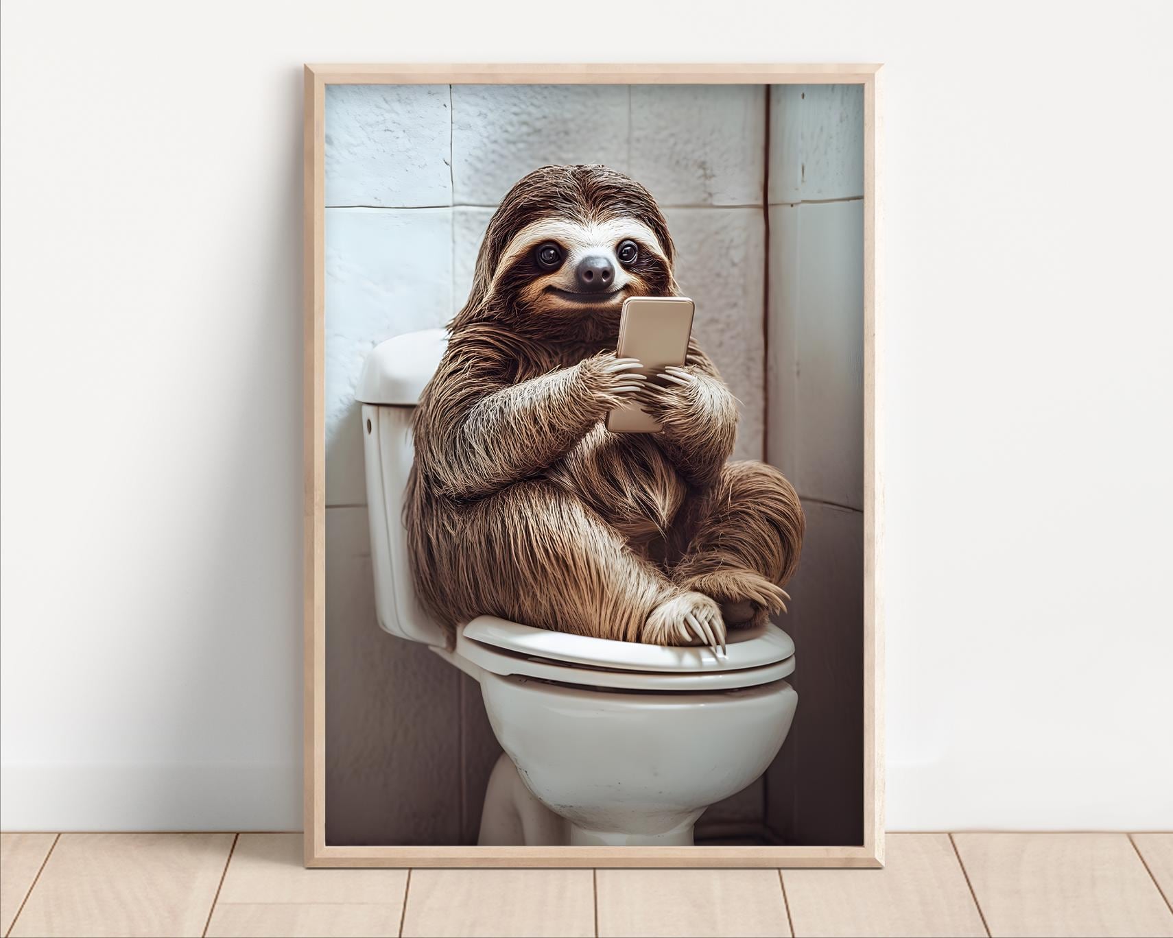 Sloth Sitting on the Toilet Watching Phone, Poster or Canvas, Funny Bathroom Wall Art Decor, Vintage Style Animal Print, Quirky Toilet Humor