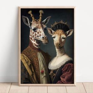 Aristokratisches Giraffen Paar, Poster Leinwand, lustiges Tier Wandbild, königliches Giraffen Porträt, lustiges Paar Geschenk, König Königin, Renaissance Humor