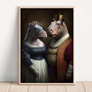 Aristokratisches Nilpferd Paar, Poster Leinwand, lustige Tier Wandkunst, königliches Nilpferd Porträt, lustiges Paar Geschenk, König Königin, Renaissance Humor Kunst
