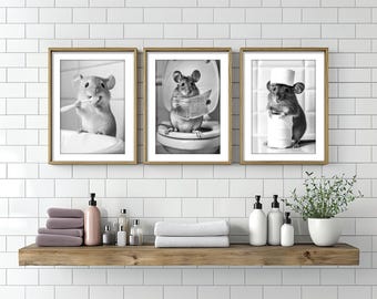 Badkamerkunst grappige muis: toilethumorafdrukken, set van 3