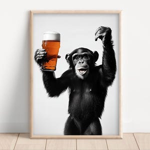 Monkey Drinking Beer Poster or Canvas, Funny Kitchen Wall Art, Home Bar, Man Cave, Garage Decor, Beer Lover, Dining Room Print, Animal Photo